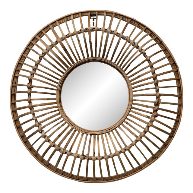 Large Coastal Rattan Round Wall Mirror For Sale