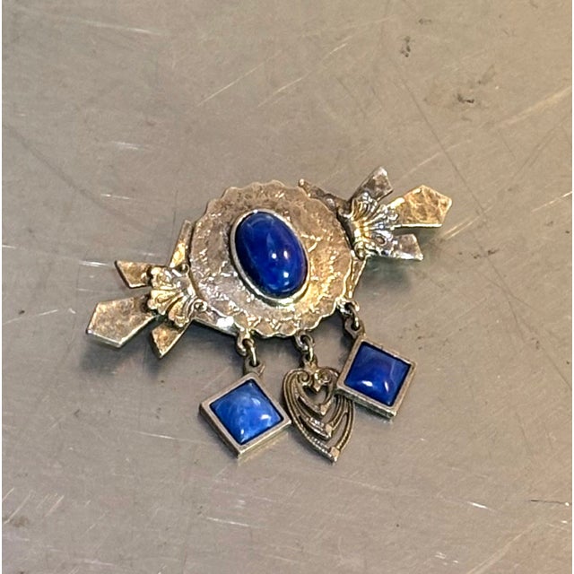 Native American Native American Style Silver Tone / Lapis Dangle Brooch For Sale - Image 3 of 5