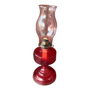 Vintage Red Glass Oil Lamp With Clear Chimney & Brass Wick Holder