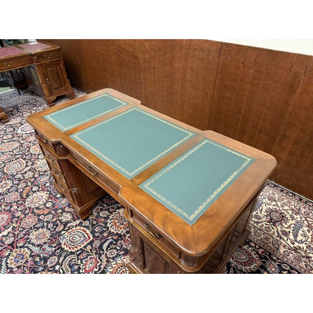 English Partner Desk with Green Leather Top For Sale - Image 17 of 18