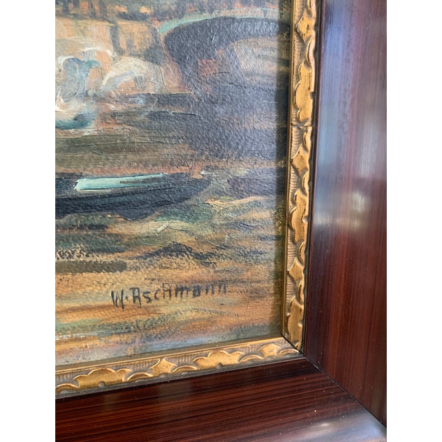 Realism Willy Ashmann German Harbor Cityscape, Hamburg St. Catherine’s Church, Framed Oil Painting, Early 20th Century For Sale - Image 3 of 9