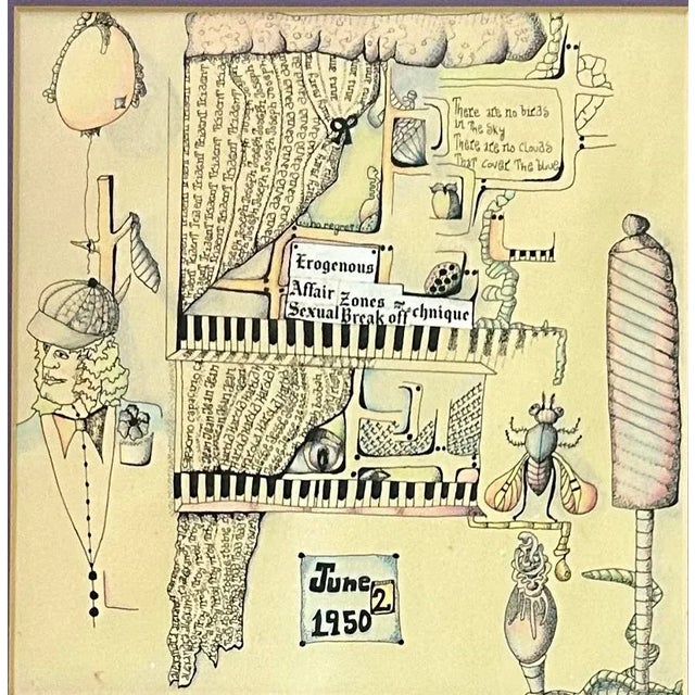 1950s Vintage 1950’s Outsider Surrealist Drawing Watercolor With Man and Keyboard For Sale - Image 5 of 6