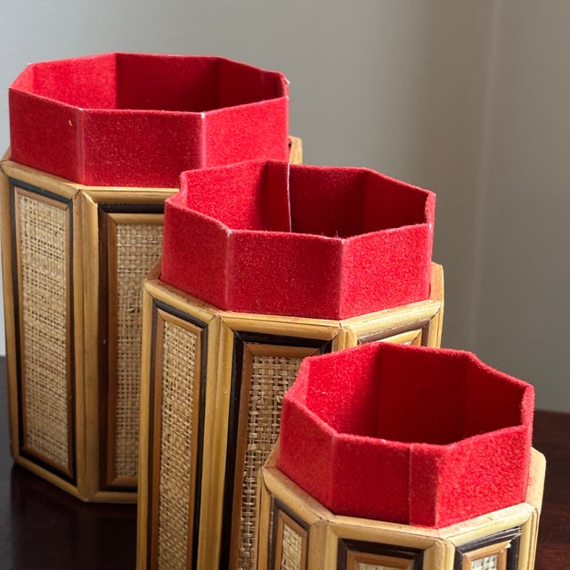 1960s Bamboo & Rattan Octagonal Nesting Boxes — Set of 3 For Sale - Image 13 of 17