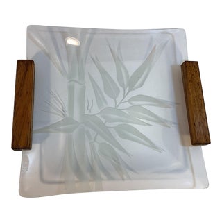 Mid-Century Etched Glass and Walnut Small Serving Tray With Bamboo Motif. For Sale