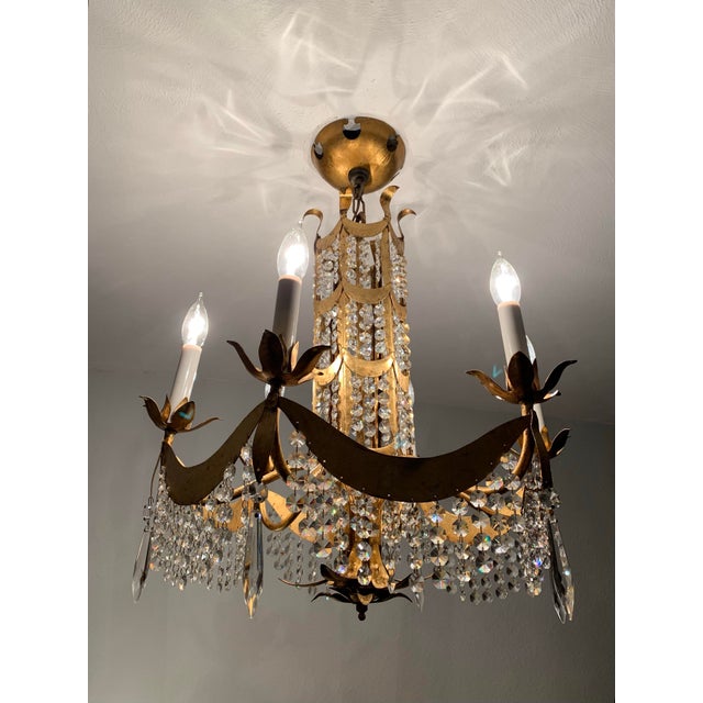 1940s Crystal Fringe Chandelier; Six Light, Hammered Brushed Brass, Glass Crystal Hollywood Regency Lighting For Sale - Image 10 of 12