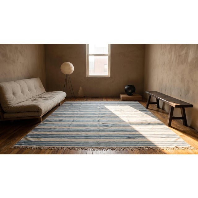 Striking Example of Minimalist With Multi Blue Stripe Dhurrie Style Antique Indian Cotton Rug For Sale - Image 13 of 14