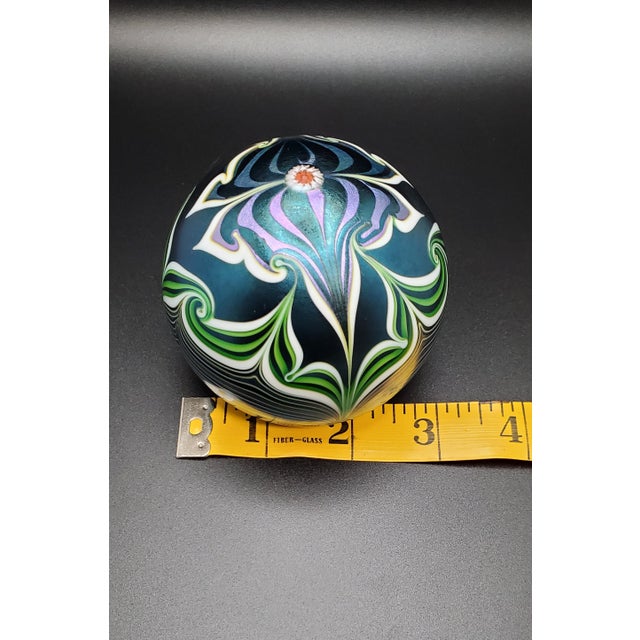 Orient & Flume Signed Flower Shield Art Glass Paperweight 1979 Iridescent Blue For Sale - Image 14 of 18