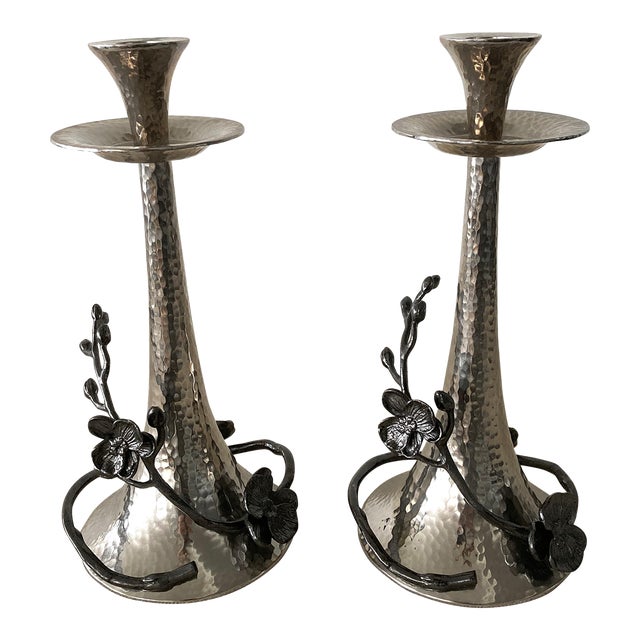 Michael Aram Black Orchid Hammered Polished Candlesticks- a Pair For Sale