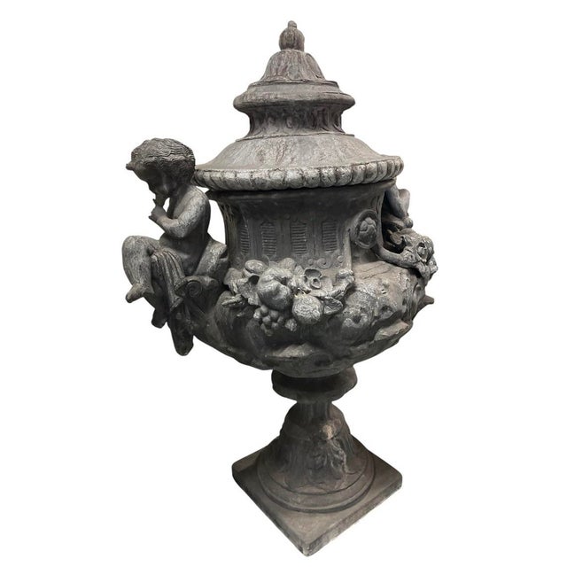 Metal A Pair of Monumental 19th-Century Style English Cast Lead Garden Urns With Lids & Putti For Sale - Image 7 of 12