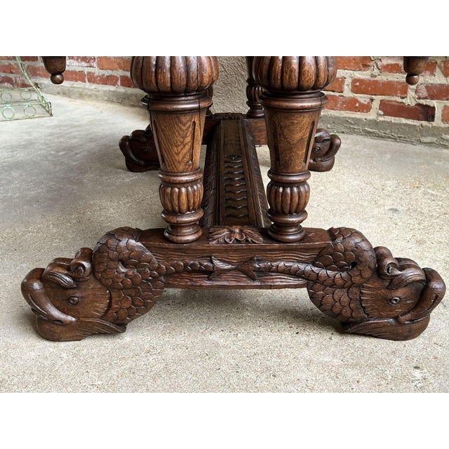 Antique French Dolphin Library Table Writing Desk Renaissance Carved Oak Gothic C1880 For Sale - Image 9 of 13