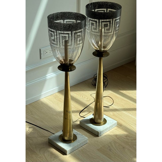 Hollywood Regency Vintage Stiffel Attributed Brass Column Lamps With Greek Key Glass Shades, in the Style of Tommi Parzinger - a Pair For Sale - Image 3 of 7