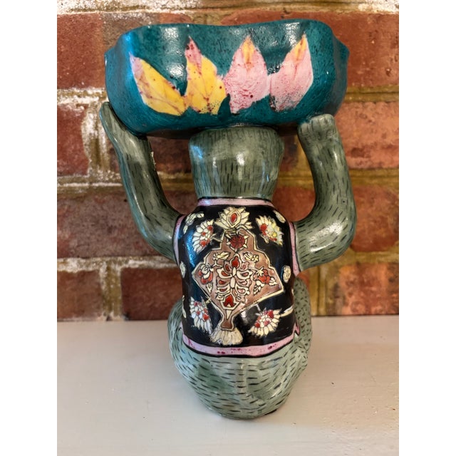 Late 20th Century Mid 20th Century Chinese Porcelain Monkey in Floral Vest Holding a Lotus Bowl For Sale - Image 5 of 12