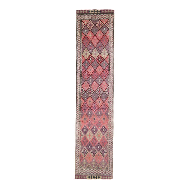 1970s Vintage Turkish Hand-Knotted Wool Cotton Pink Runner Rug For Sale