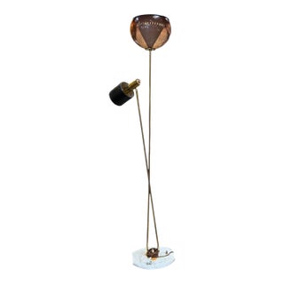 1970s Italian Brass Floor Lamp With Smoked Murano Glass and Adjustable Spotlight For Sale