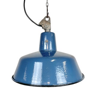 Industrial Blue Enamel Factory Lamp with Cast Iron Top, 1960s For Sale