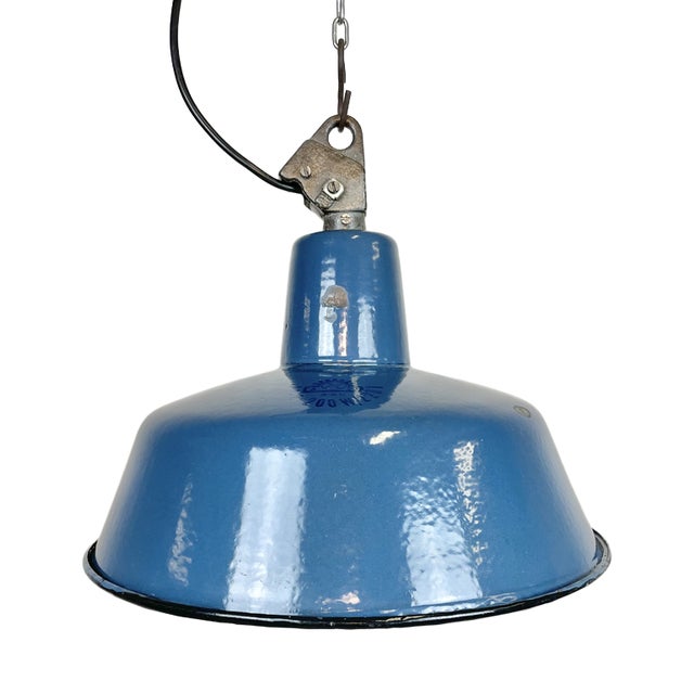 Industrial Blue Enamel Factory Lamp with Cast Iron Top, 1960s For Sale
