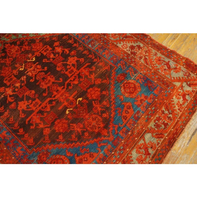 Mid 19th Century Beautiful Brown Background With Firey Reds and Sky Blue Antique Tribal and Rustic Turkish Kula Rug For Sale - Image 5 of 9