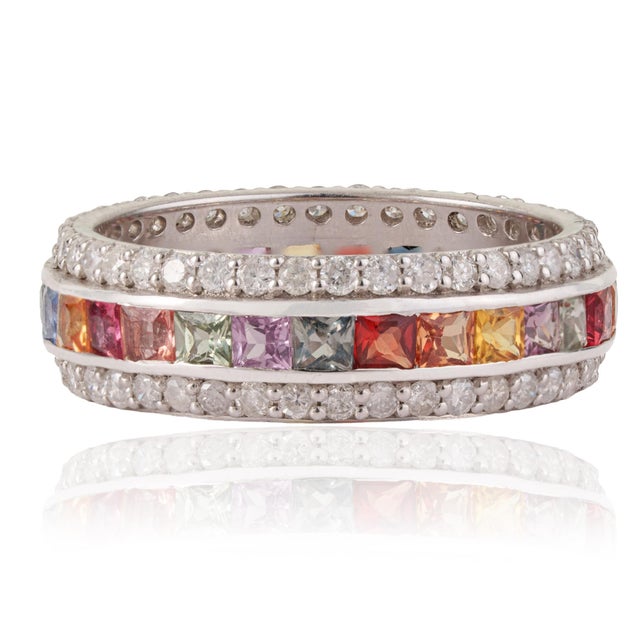 Art Deco 2.53 Ct Geometric Multi Sapphire & Diamond Three Row Eternity Band Ring, Size 4 For Sale - Image 3 of 14