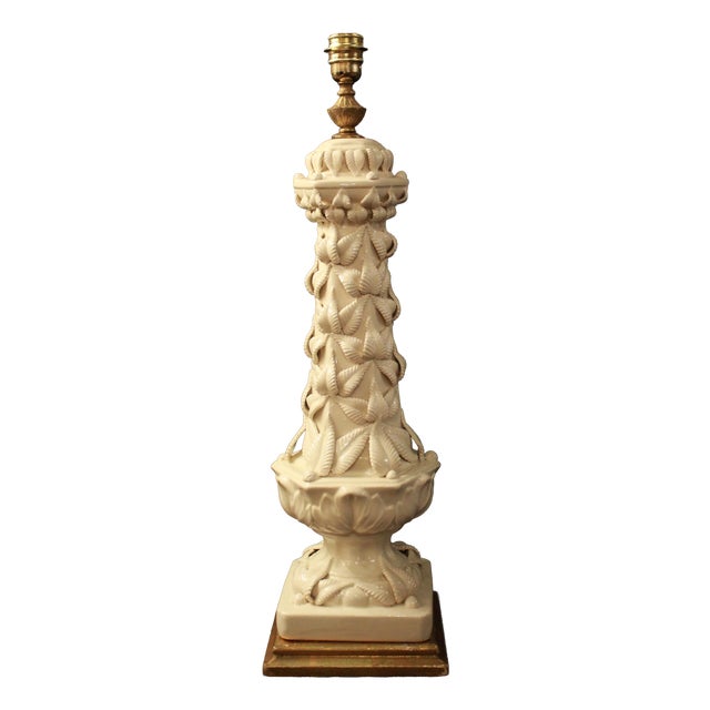 Vintage White Manises Ceramic Table Lamp with Relief Leaf Design, 1950s For Sale
