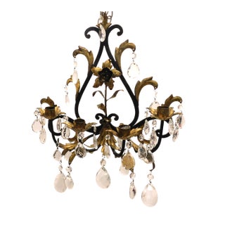 Black and Gold Gilt Metal Floral Wall Sconce, Teardrop Crystals, Candleholders For Sale