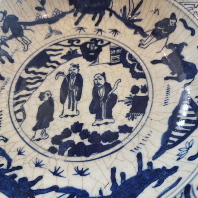 Ceramic Antique Chinese Blue & White Porcelain Bowl With Rare Coral Glaze Exterior – Qing Dynasty Scholar Motif – Late 19th Century For Sale - Image 7 of 14