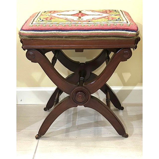 Antique, Victorian, Adjustable X-Frame, Mahogany Piano/Foot Stool, With Geometric, Needle-Point, Upholstered Top, Postawka, Cambridgeport, Mass, 1871 For Sale - Image 4 of 9