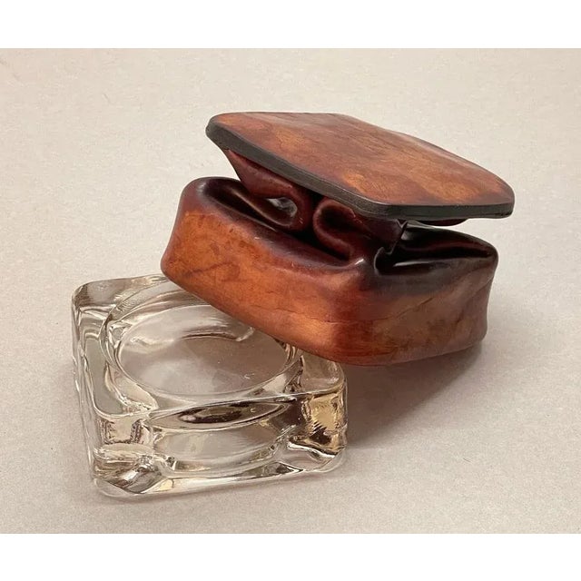 Mid-Century French Brown Leather and Glass Ashtray by Jacques Adnet, 1950s For Sale - Image 14 of 18