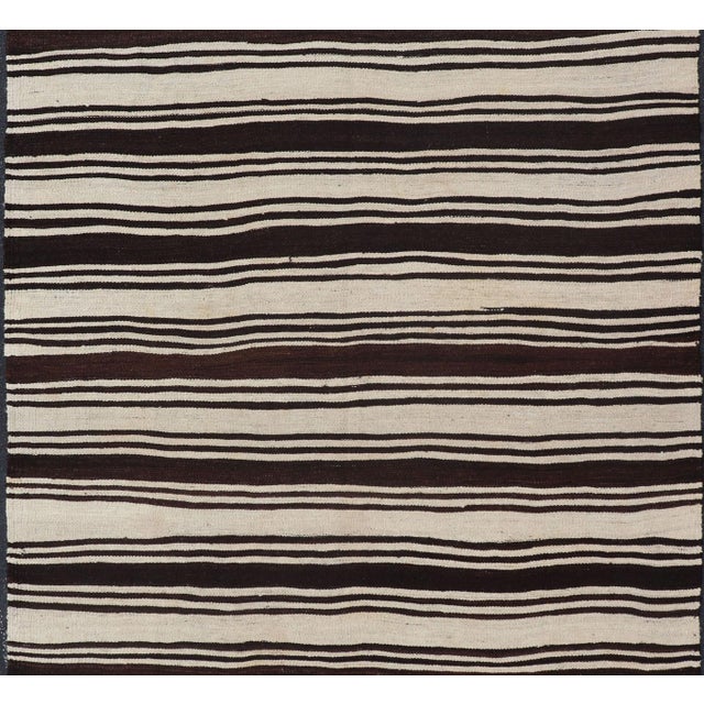 Vintage Turkish Kilim Rug With Ivory Ground and Deep Brown Stripes For Sale - Image 4 of 11