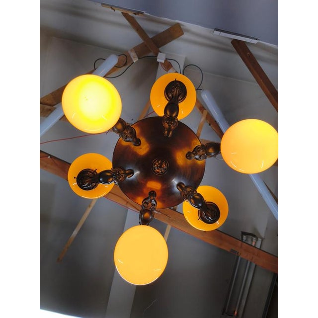 Art Deco Czech Brass Chandelier with Cream Glass, 1920s For Sale - Image 6 of 14