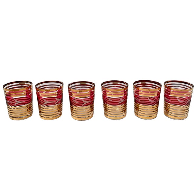 Mid 20th Century Bohemian Czech Glass Tumblers Set of 6 Cranberry Floral Gold Vintage For Sale - Image 5 of 7