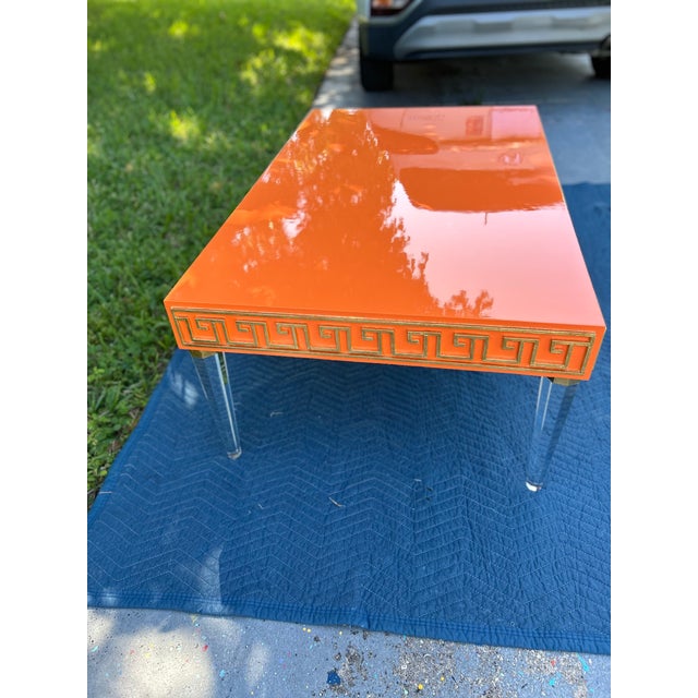 Orange Mid-Century Modern Style High-Gloss Orange Lacquered Wood and Lucite Greek Key Coffee Table by Julio Jimenez For Sale - Image 8 of 17