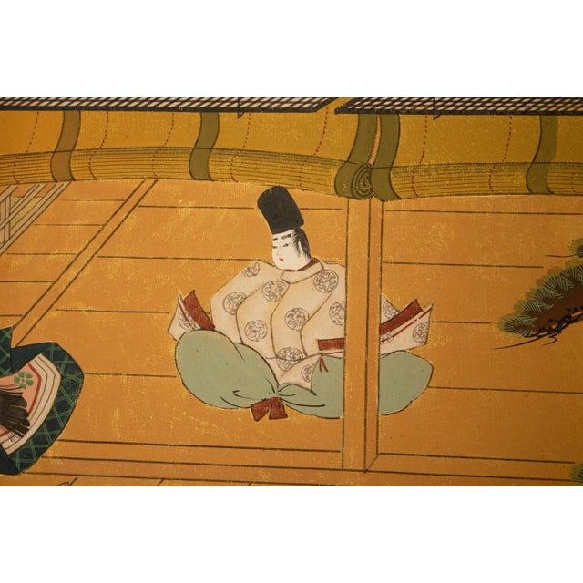 Goldenrod 1970s "The Tale of Genji" Japanese Painted Silk Byobu Screen For Sale - Image 8 of 18
