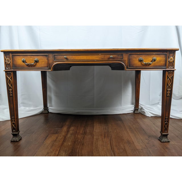 Late 20th Century Theodore Alexander Regency Style Mahogany & Leather Writing Desk With Carved Ribbon Motif Legs For Sale - Image 12 of 18