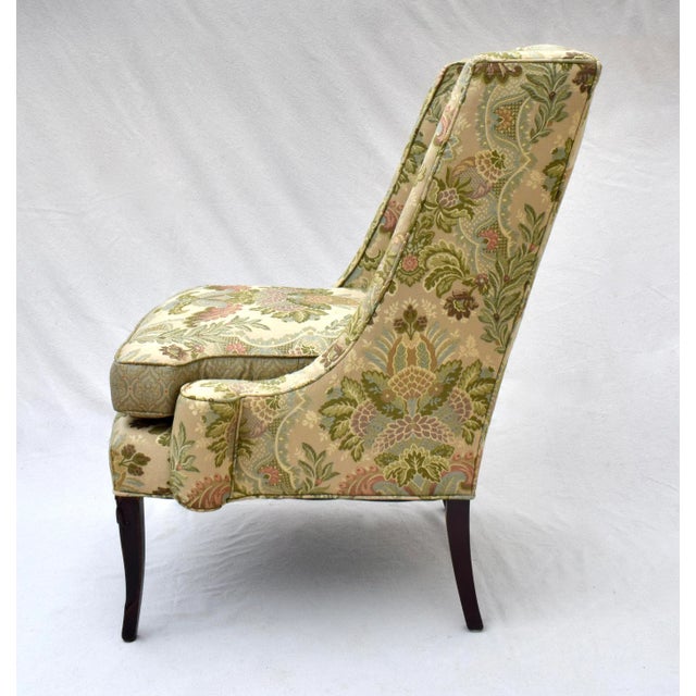 Directoire style flat panel wing back chair in the manner of early Edward Wormley for Dunbar designs in plush woven Damask...