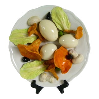 Late 20th Century Christine Viennet 8.5" French Trompe L’Oeil Porcelain Plate . Chanterelle Mushrooms, Eggs, Lettuce Leaves, For Sale