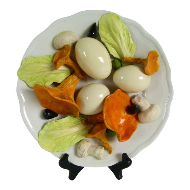 Late 20th Century Christine Viennet 8.5" French Trompe L’Oeil Porcelain Plate . Chanterelle Mushrooms, Eggs, Lettuce Leaves, For Sale
