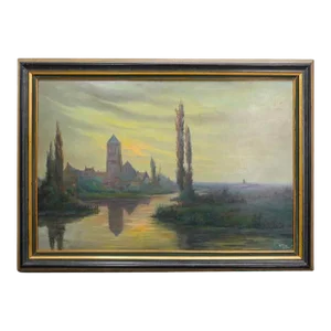 1940s Raph Holweck French Riverscape Oil Painting on Board, Framed