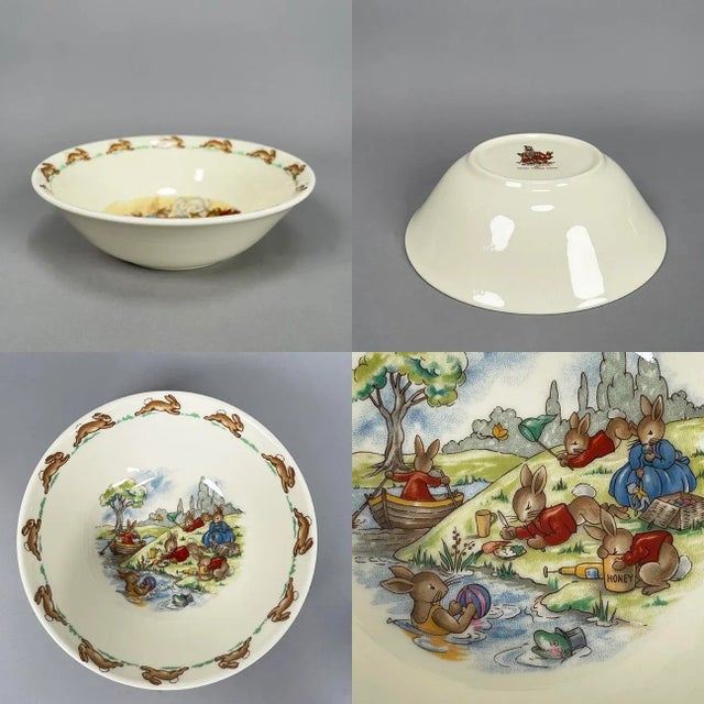 1990s Vintage Royal Doulton Bunnykins Porcelain Child's Plate Bowl Cup Set- 9 Pieces For Sale - Image 5 of 13