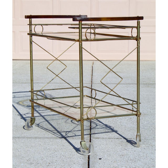 Metal Mid-Century Modern Brass & Glass Bar Cart With Blue & Gold Medallion Top | Hollywood Regency For Sale - Image 7 of 18