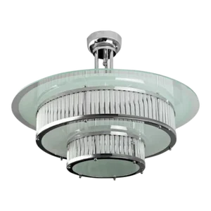 Vintage Art Deco Two Tier Round Ceiling Hanging Light Fixture in Nickel Brass & Frosted Clear Glass Rod Ship Light