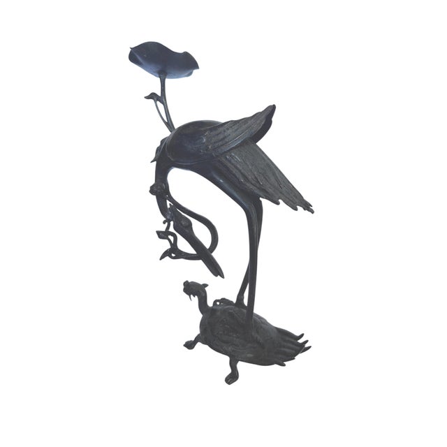 Meiji Early 20th Century Japanese Shokudai Bronze Candlestick Antique Metal Crane Bird Tortoise Animal Lotus For Sale - Image 4 of 8