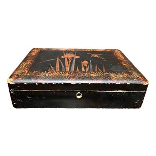 Antique Japanese Lacquer Box Iris Flower & Bird Motif Black Red Gilt For Sale