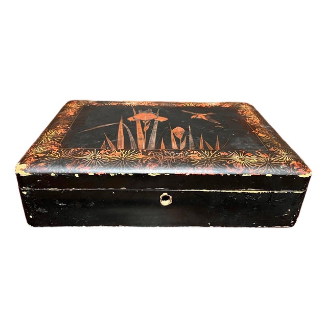 Antique Japanese Lacquer Box Iris Flower & Bird Motif Black Red Gilt For Sale