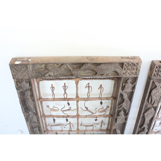 Wood Carved Two Sculptural Panels ‘Window’ With Metal Animals & Figures For Sale In West Palm - Image 6 of 13