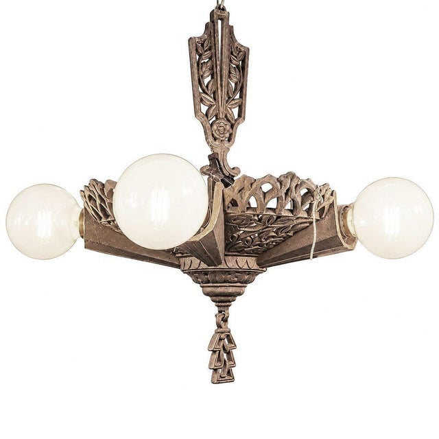 Art Deco Florentine style gilt metal pendant chandelier by Markel with classic Hollywood Regency glamour with open...