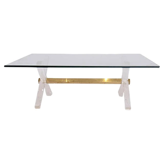 French Gilt Brass, Acrylic Glass & Glass Coffee Table, 1980s For Sale