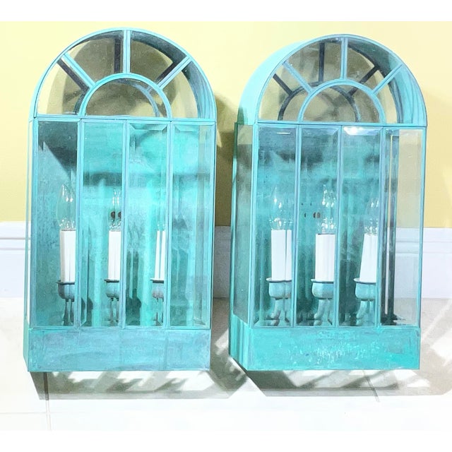 Pair of Vintage Solid Brass Wall Lanterns / Sconces With Rich Verdigris Patina For Sale - Image 13 of 13