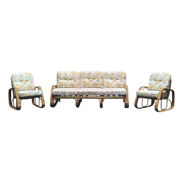 Small Rattan and Curved Bamboo Sofa and Armchairs from Dal Vera, Italy, 1960s, Set of 3 For Sale