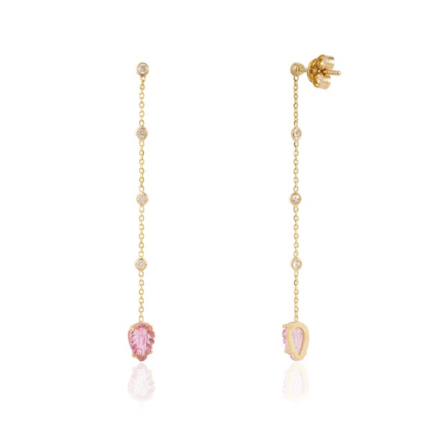 Metal Carved Leaf Pink Tourmaline & Diamond Chain Drop Earrings in 14k Yellow Gold- A Pair For Sale - Image 7 of 12