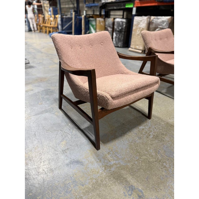 Mid-Century Modern Style Lounge Chairs - Solid Walnut Frames with Pink Boucle For Sale - Image 10 of 13
